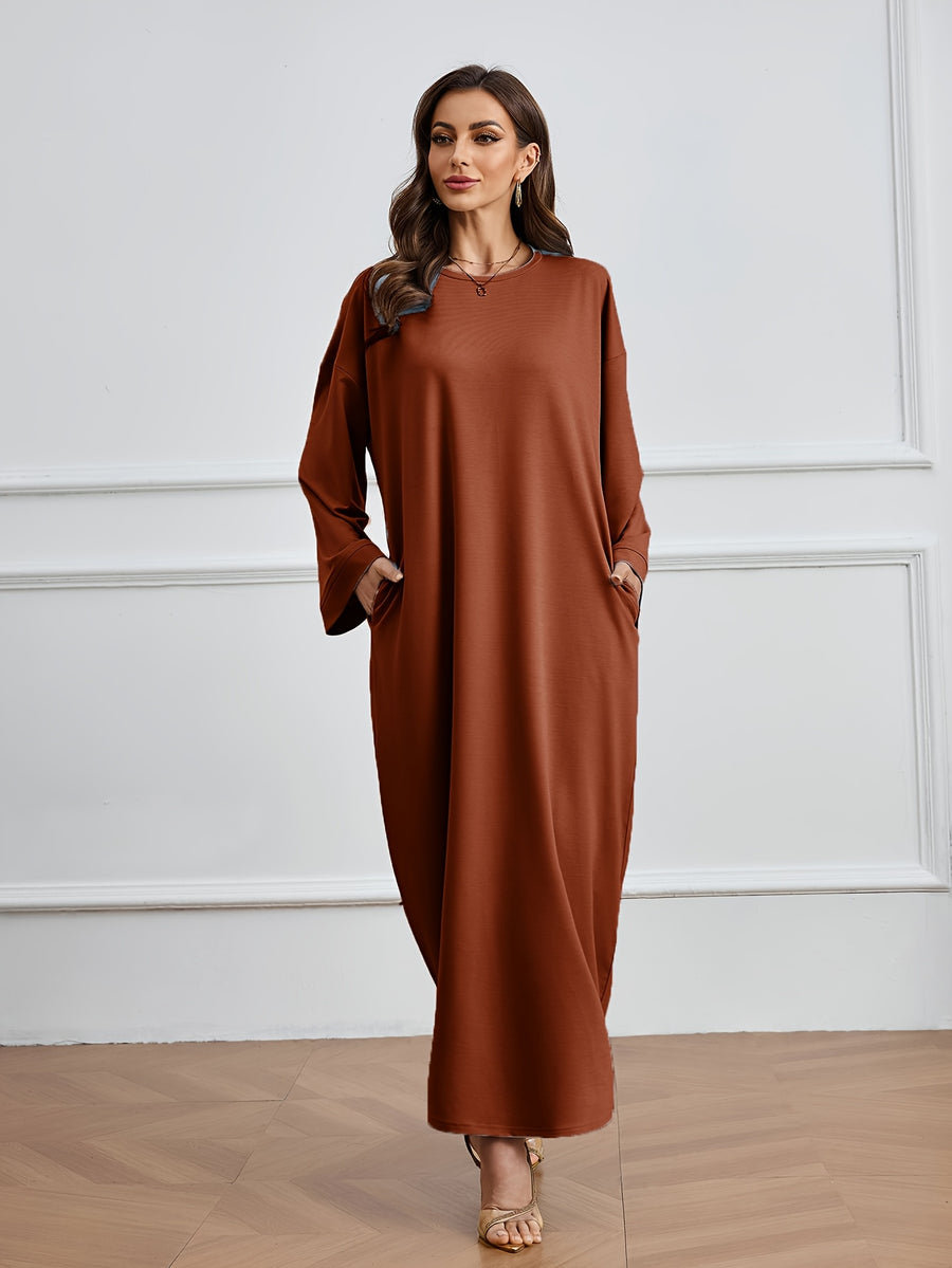 1pc Middle Eastern Sweatshirt Dress, Muslim Minimalist Solid Color Dress, Saudi Arabia Women's Elegant Round Neck Cover-Up Casual Inner Wear Dress with Pockets - Coffee Brown