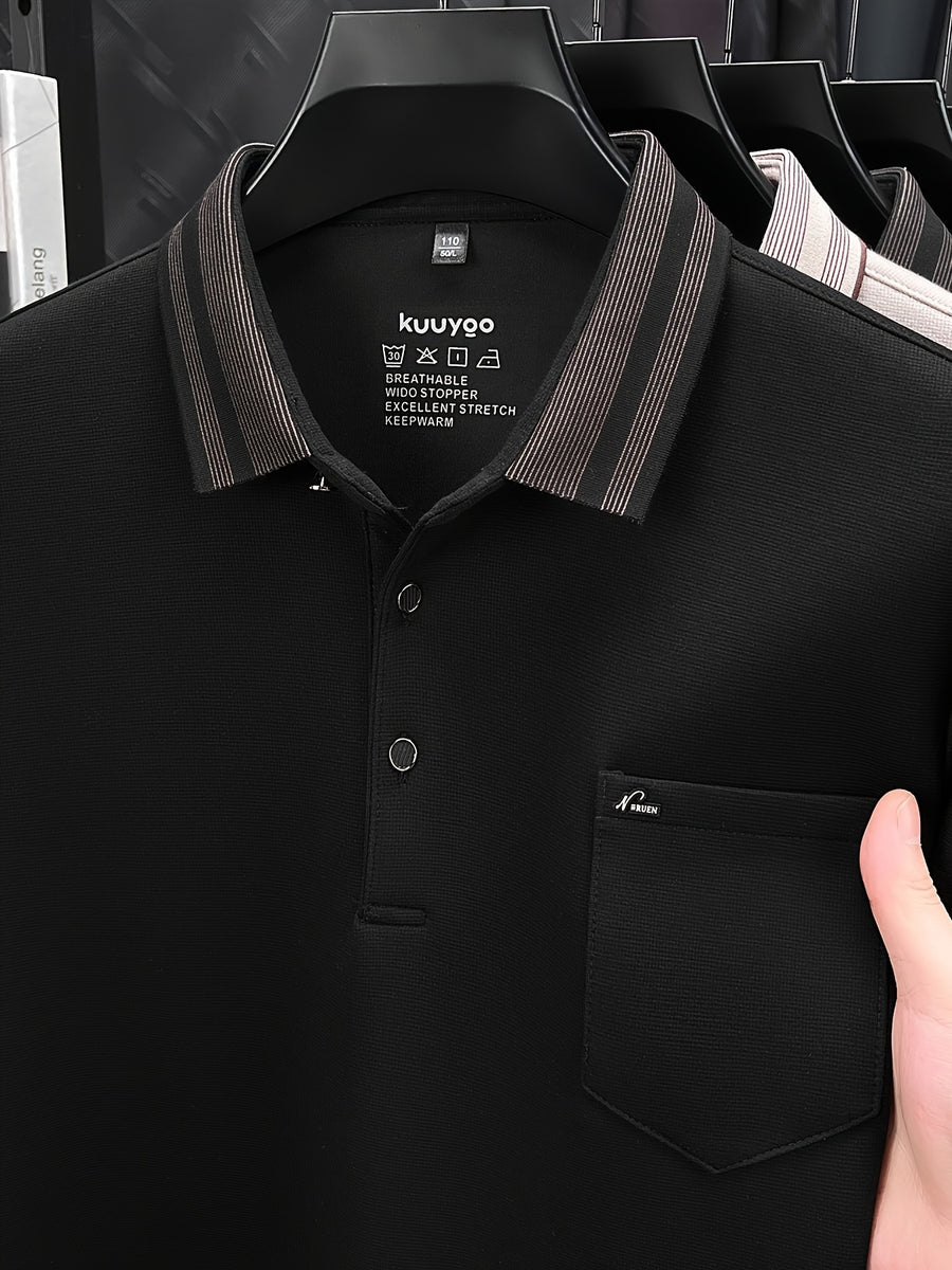 Men's Multi-Color Contrast Lapel Long-Sleeve Polo Shirt, Business Pullover Top with Real Pockets, Skin-Friendly and Breathable, Suitable for Business Commuting, Business Trips, Parties, Daily Home Wear, and Casual Base Layers - Black