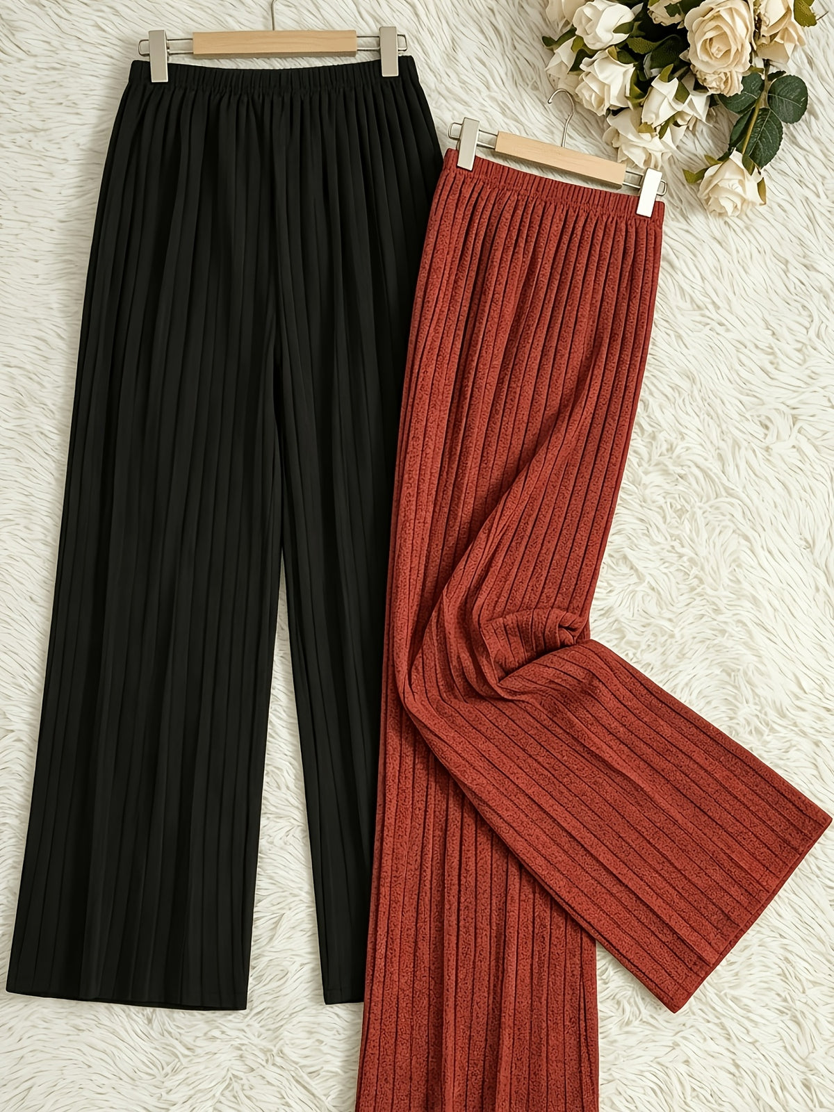 Plus Size Solid 2-Pack Ribbed Stretch Casual Wide-Leg Long Pants Home Sleepwear - Multicolor