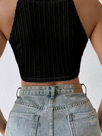 Women's Sexy Summer Cropped Sleeveless Top with Elegant Fringe Details - Slim-Fit Stretch Round Neck Casual Chic Outing Shirt, Cute Tops for Summer, Festive Outfit Choice, Nontransparent Material - Black