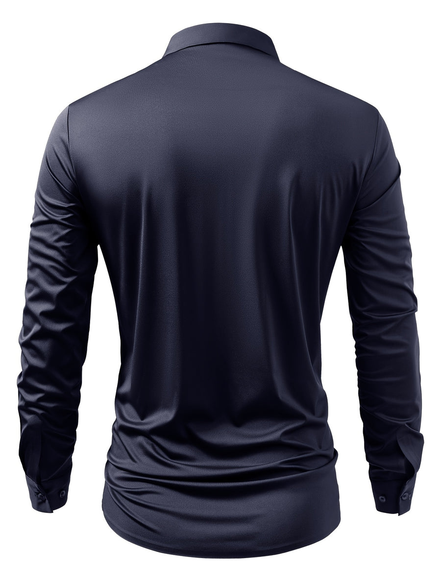 2pcs Set of Seamless Pressure Adhesive High-Elasticity Non-Iron Men'S Dress Shirt Long Sleeve Business Casual Formal Top, Material 88% Polyester 12% Spandex, Fabric Weight 160G, Casual - Navy + Navy