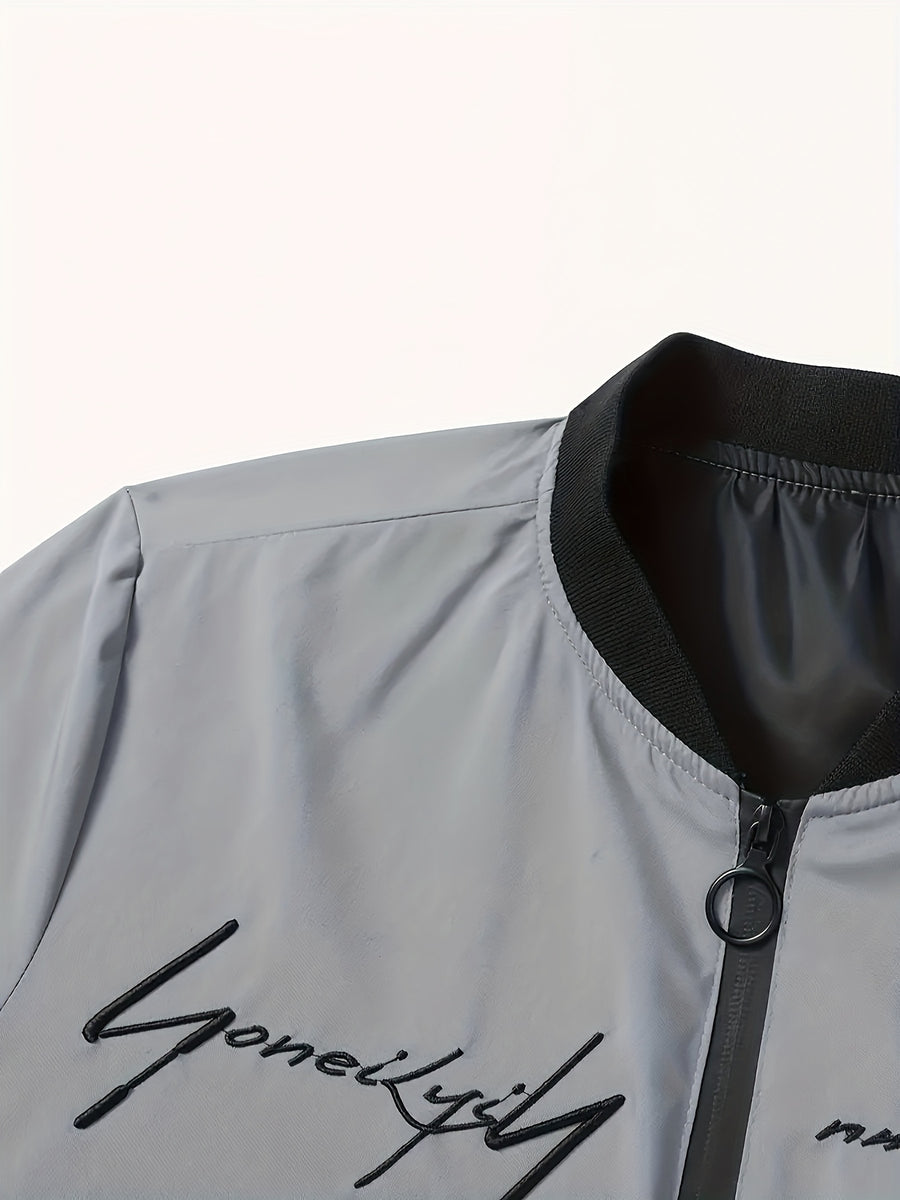 Men's Windproof Pilot Jacket with Letter Embroidery, Full Zip Closure, Suitable for Outdoor Sports, Hiking, Urban Commuting - Machine Washable, Polyester, Casual Fashion Versatile Trendy Black Coat, Essential for Stylish Men - Space Gray