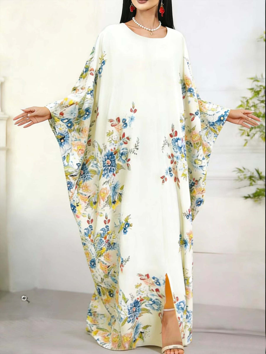 Eid & Ramadan Modest Maxi Dress - Middle Eastern-Inspired Batwing Sleeves, Loose Fit Floral Print, Machine Washable All-Season Comfort for Women, Cultural Attire, Middle Eastern Style, Comfortable Fashion - Milky