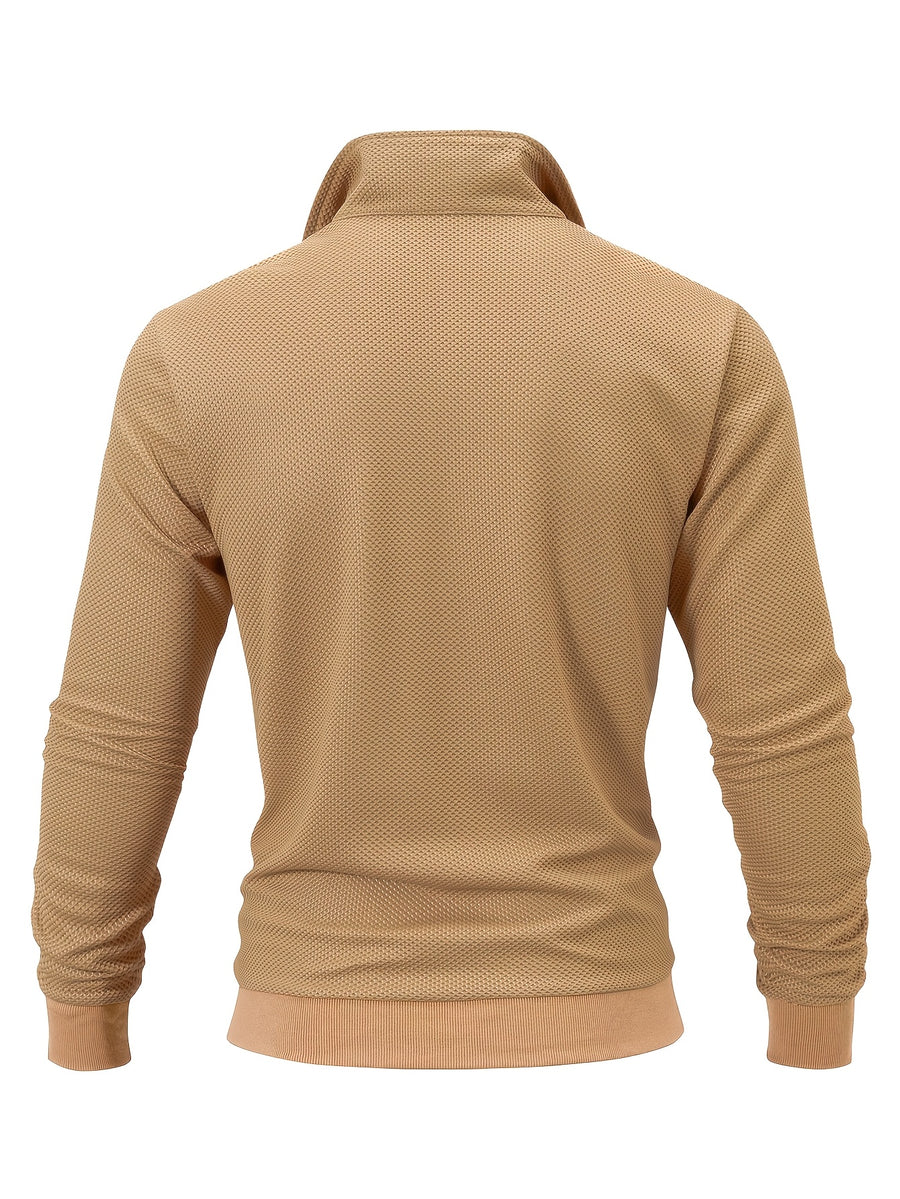 Half-zip Lapel Long-sleeve Polo Shirt, Men's Spring/autumn Business Casual Top - Khaki