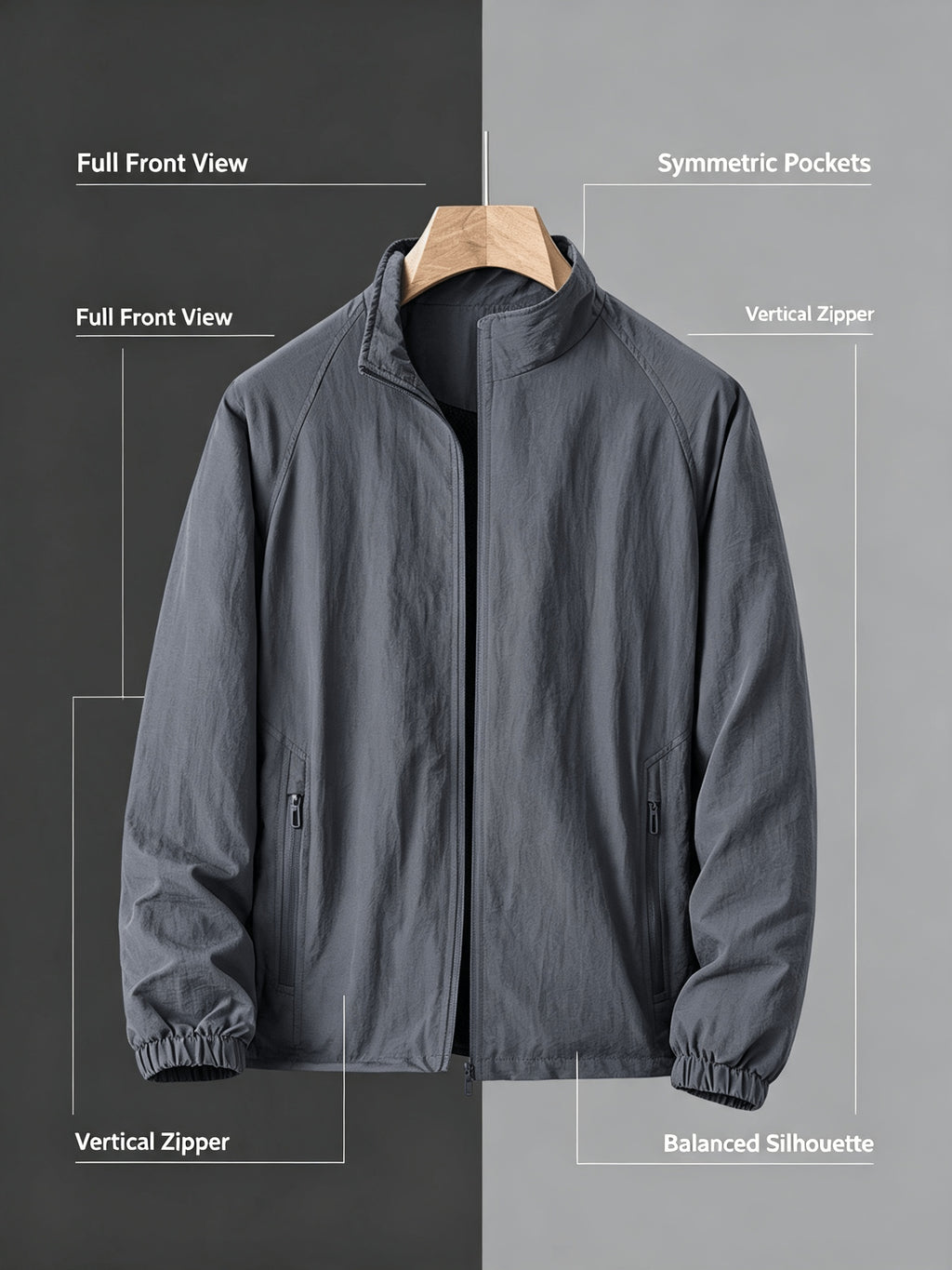 Men'S Lightweight Stand Collar Windbreaker Zip-Up Casual Jacket with Elastic Cuff, Outdoor Sports Coat - Navy Color