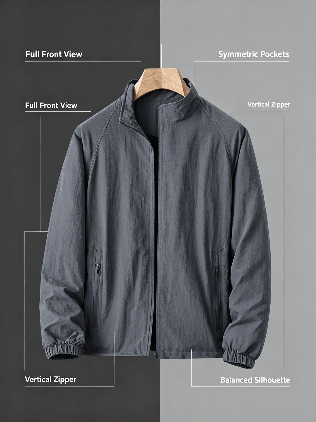 Men'S Lightweight Stand Collar Windbreaker Zip-Up Casual Jacket with Elastic Cuff, Outdoor Sports Coat - Navy Color