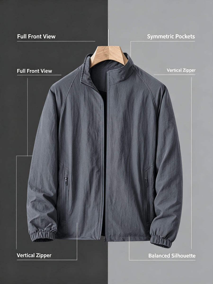 Men'S Lightweight Stand Collar Windbreaker Zip-Up Casual Jacket with Elastic Cuff, Outdoor Sports Coat - Navy Color
