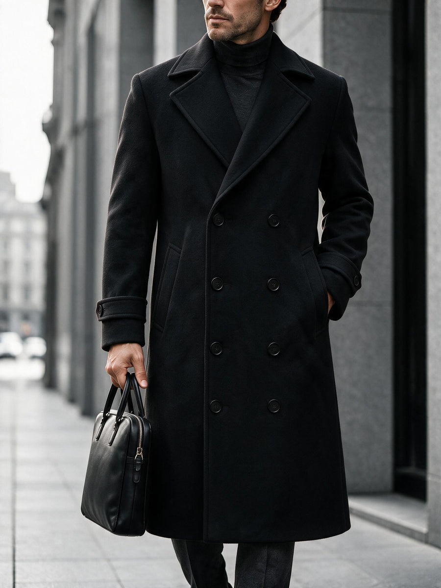 Men'S Long Double-Breasted Coat, Autumn Winter Business Casual Jacket, Large Lapel Black Commuter Trench Coat Men'S Clothing - Black
