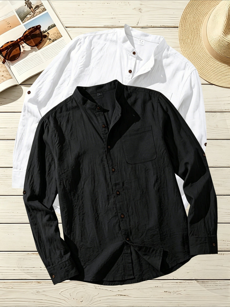 2pcs Men's Linen Fabric Henley Collar Long Sleeve Shirt, Simple Vintage Style, Loose Fit for Spring and Autumn, Multiple Color Options, Suitable for Outdoor Outings, Urban Commuting, and Home Wear, Versatile for Daily Casual and Holiday Occasions - Black+White
