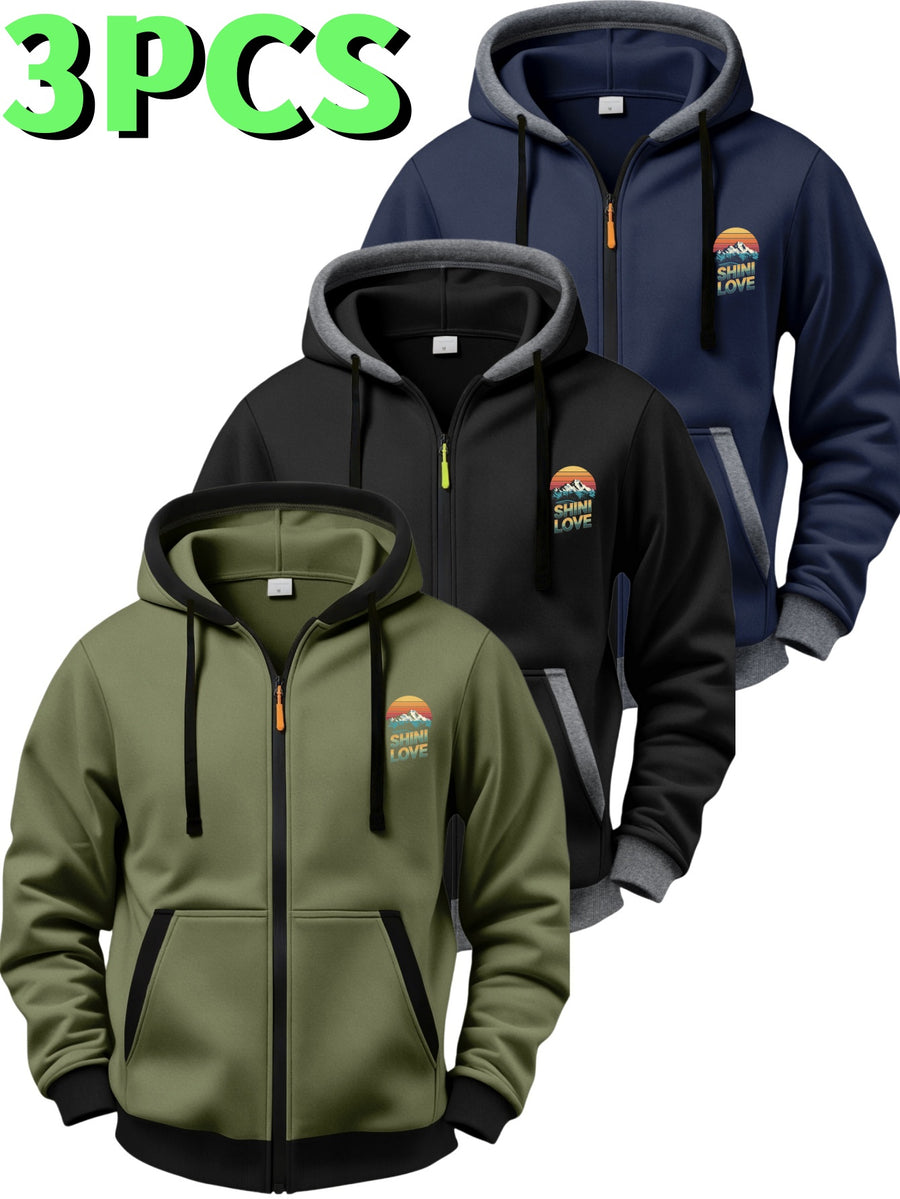 3pcs Set Vintage Sunset Mountain Peak Letter Small Print Zip-Up Hooded Sweatshirt for Men and Women, Spring/Autumn Contrast Trim Full-Zip Cardigan Jacket, Outdoor Mountain Style Loose Fit Casual 3pcs Versatile Zip-Up Hoodie Set - Navy blue + black + military green