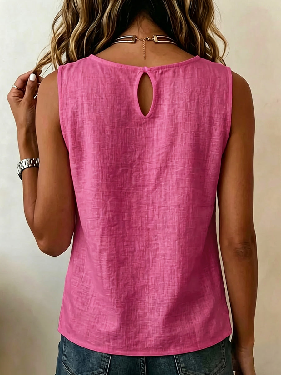 Summer Minimalist Style Round Neck Side-Button Versatile Sleeveless Shirt - Rose Red