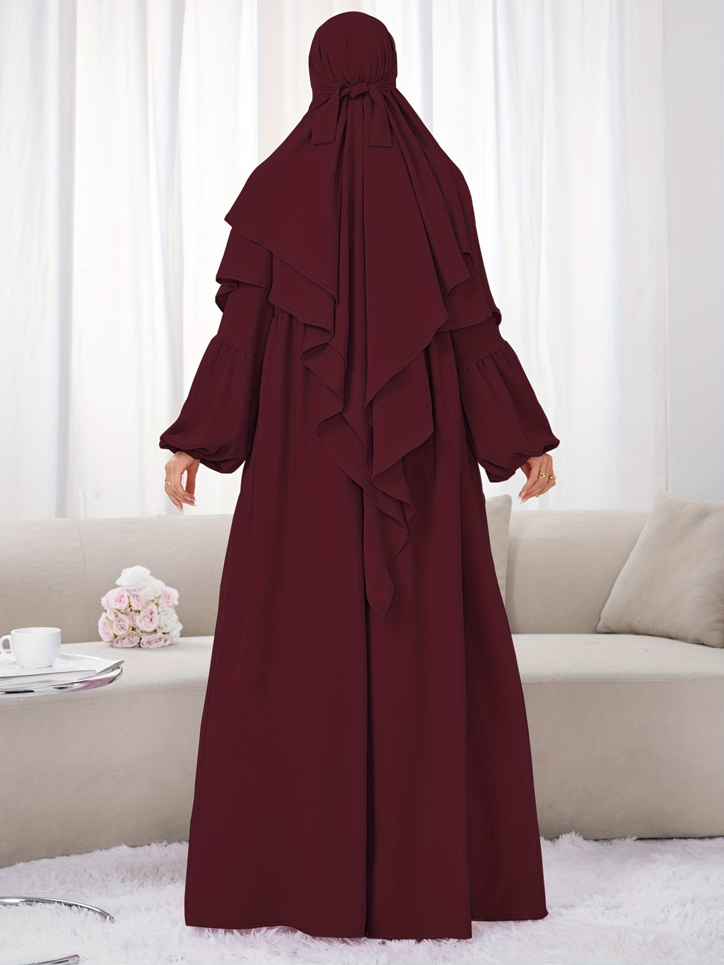 A Set (+Abaya) Fashionable And Elegant Muslim Dress, Elegant Cuff Drawstring, Comfortable And Casual Solid Color, Suitable for Outdoor Travel And Daily Wear. Loose Women'S Abaya Dress - Burgundy