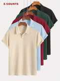 5Pcss Summer Casual Athletic Jacquard Knit Short Sleeve Polo Shirt Set, Textured Short Sleeve Polo Top 5Pcss Pc - Mixed colors