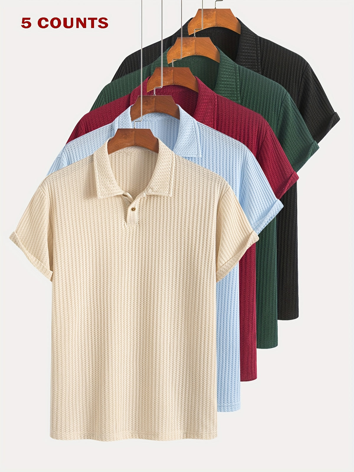 5Pcss Summer Casual Athletic Jacquard Knit Short Sleeve Polo Shirt Set, Textured Short Sleeve Polo Top 5Pcss Pc - Mixed colors