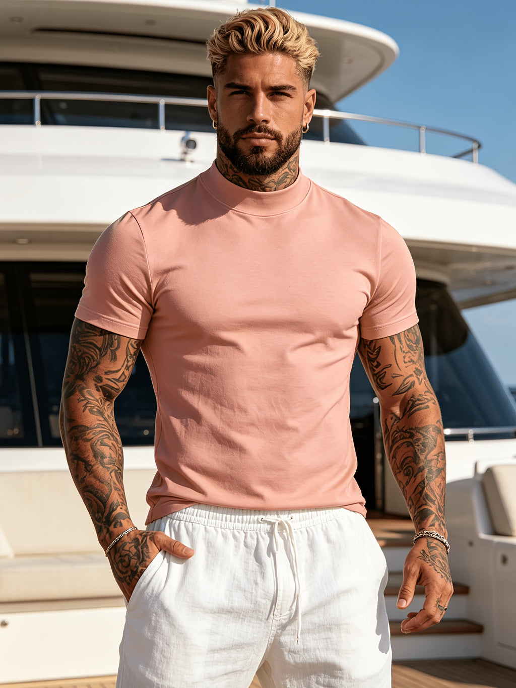 2pcs Spring/Summer New Arrival Men's Tops, Fashionable Sporty Mid-High Neck Short Sleeve Outerwear, Casual, Comfortable, Lightweight, Skin-Friendly, Trendy, Versatile, Refreshing, and Durable - Mixed Color 8