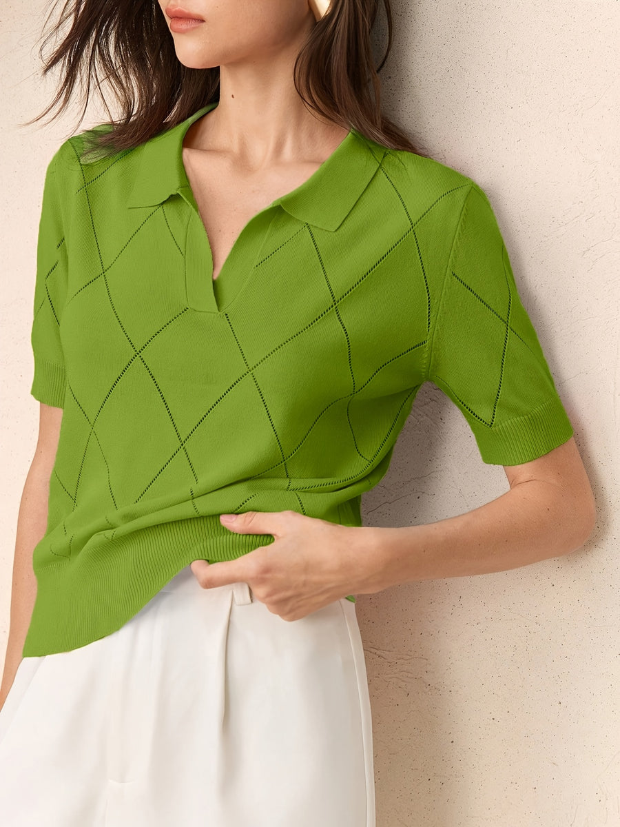 Women's Collar Rhombus Pattern Short Sleeve Top, Versatile Commuter Style for Spring and Summer - Green