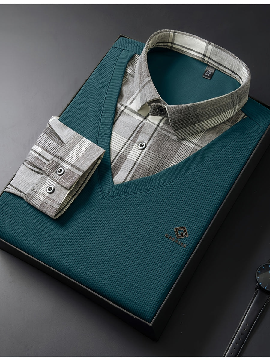 Men's 2-in-1 Look Long Sleeve Golf Polo Shirt, V-Neck Mock Vest Pullover, with Exquisite Logo on the Chest, Gray Plaid Shirt Collar and Cuffs, Breathable and Comfortable Polyester Top, Suitable for Adult Men's Weekend Gatherings, Outdoor Walks - Dark Green