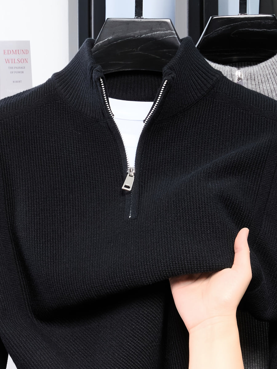 Du Jing Lan OBM Spring/Autumn New Arrival Men's Knitted Pullover, Old Money Style Solid Color Half-Open Placket Stand Collar Long Sleeve Knitted Pullover, Men's Business Casual Fashion Ribbed Sweater, Suitable for Layering or Wearing as an Inner - Black
