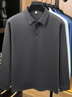 Men's Solid Color Long-Sleeve Polo Shirt, Simple and Clean Design Without Logo, Slightly Relaxed Fit, Flattering on All Body Types, Suitable for Spring and Autumn - SINBOS - Dark Gray