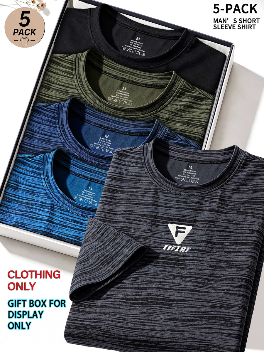 5pcs Men's Sports & Fitness Breathable Quick-Dry T-Shirts, Outdoor Travel Casual Running Printed Short-Sleeve Tees, Easy to Clean and Maintain, Lightweight T-Shirts for Daily Leisure and Gatherings, Classic Crew Neck Shirts - Dark Gray + Colorful Orchid + Dark Blue + Military Green + Black