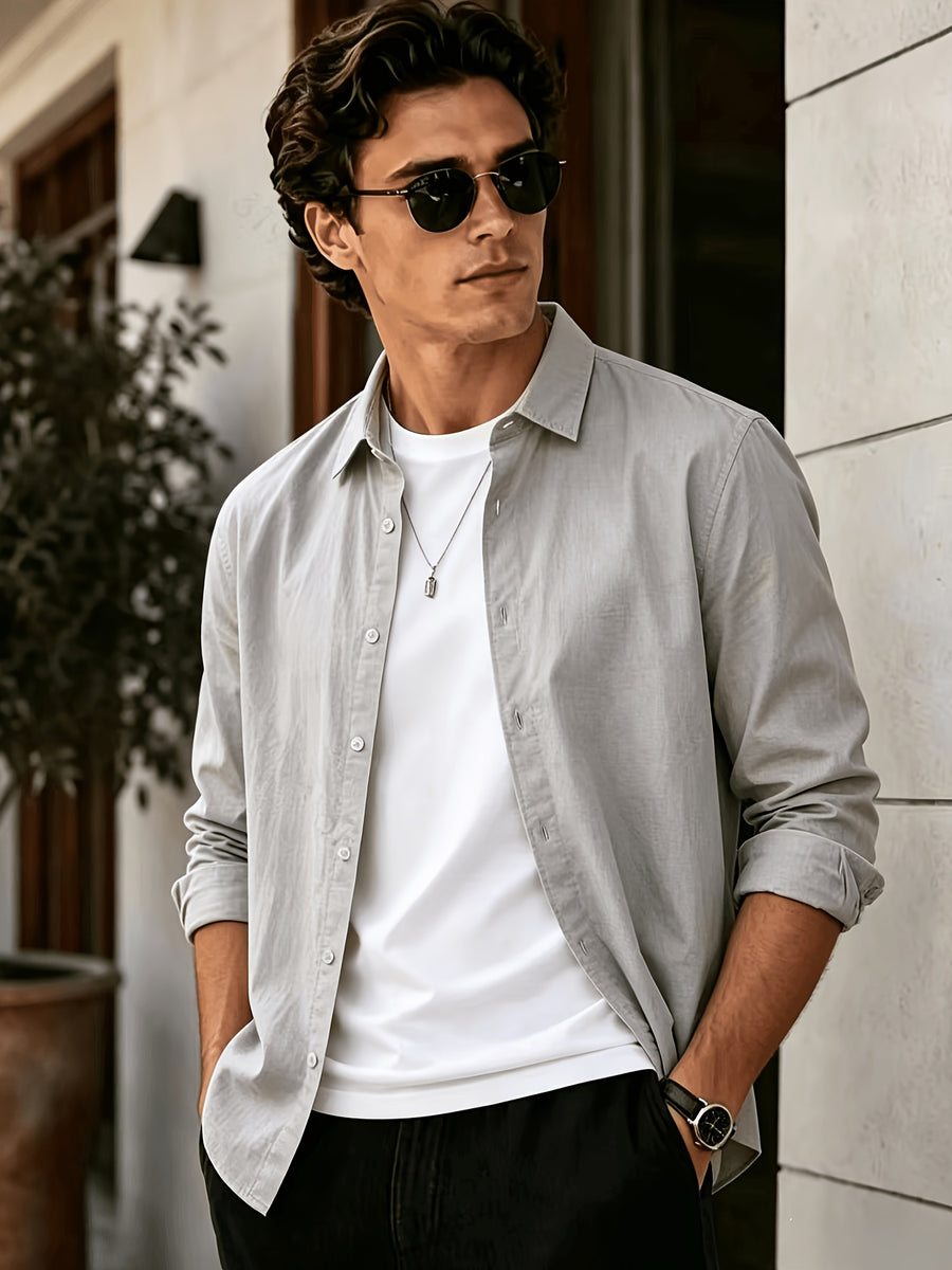 Men'S Long Sleeve Casual Shirt for Summer, Lightweight, Breathable And Comfortable. Slim-Fit And Versatile with Relaxed Cut, Ideal for Daily Commuting And Travel Outfits. (Shirt solely) - Grey