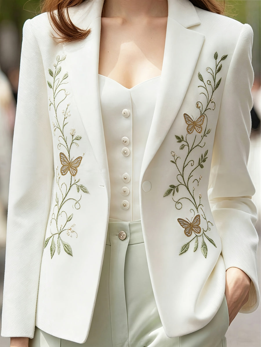 Women White Notched Lapel Blazer Elegant Floral Embroidery Slim Suit Jacket Elegant White Tailored Blazer Green Leaf Butterfly Embroidery Single Button Outerwear Vintage Floral Butterfly Embroidery White Blazer Ladies Formal Office Suit Jacket - butterfly embroidery