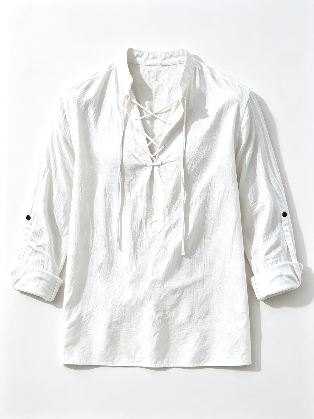 [Know And Give OBM] Men'S Solid Color Stand-Collar Linen Long Sleeve Shirt, Semi-Open Front Design, Roll-Up Sleeve Style | Casual Commute, Short Vacation, Leisure Gatherings | Men'S Versatile Top - White