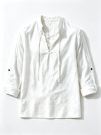 [Know And Give OBM] Men'S Solid Color Stand-Collar Linen Long Sleeve Shirt, Semi-Open Front Design, Roll-Up Sleeve Style | Casual Commute, Short Vacation, Leisure Gatherings | Men'S Versatile Top - White