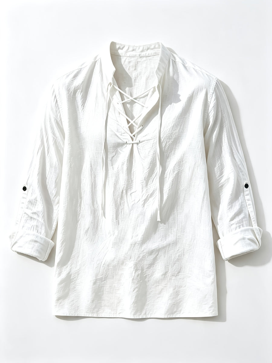 [Know And Give OBM] Men'S Solid Color Stand-Collar Linen Long Sleeve Shirt, Semi-Open Front Design, Roll-Up Sleeve Style | Casual Commute, Short Vacation, Leisure Gatherings | Men'S Versatile Top - White