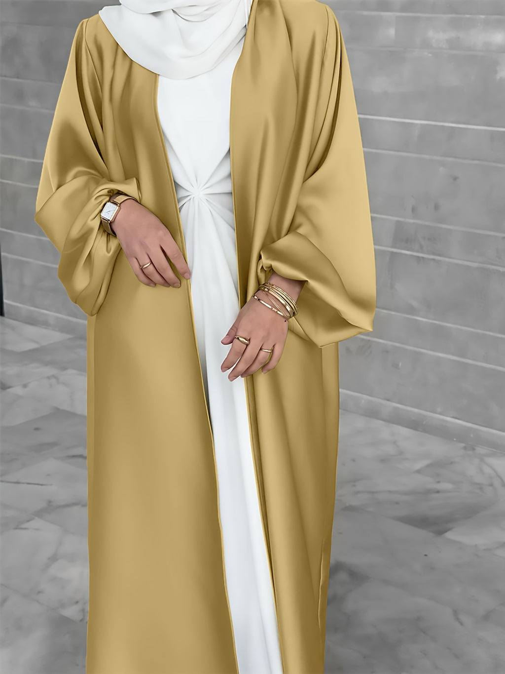 Cross-Border Muslim Women's Satin Bubble Sleeve Robe, Elegant Dubai Middle East Cardigan - Fluorescent Yellow