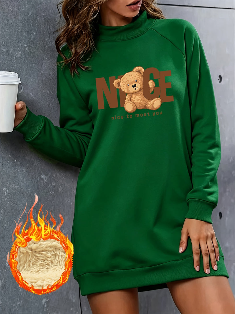NICE Letter Bear Print Half-Turtleneck Long -Lined Sweatshirt for Women, Autumn/Winter Loose Fit Casual Sweatshirt Dress - Green
