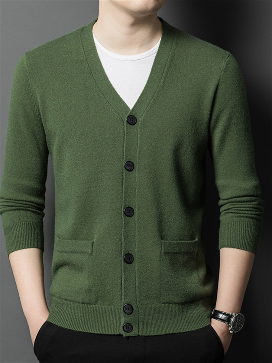 Autumn Winter Knit 3D Solid Color V-Neck Sweater, Basic Knit Cardigan for Men, Fashionable Long Sleeve Sweater, Cangyuan Y - Green