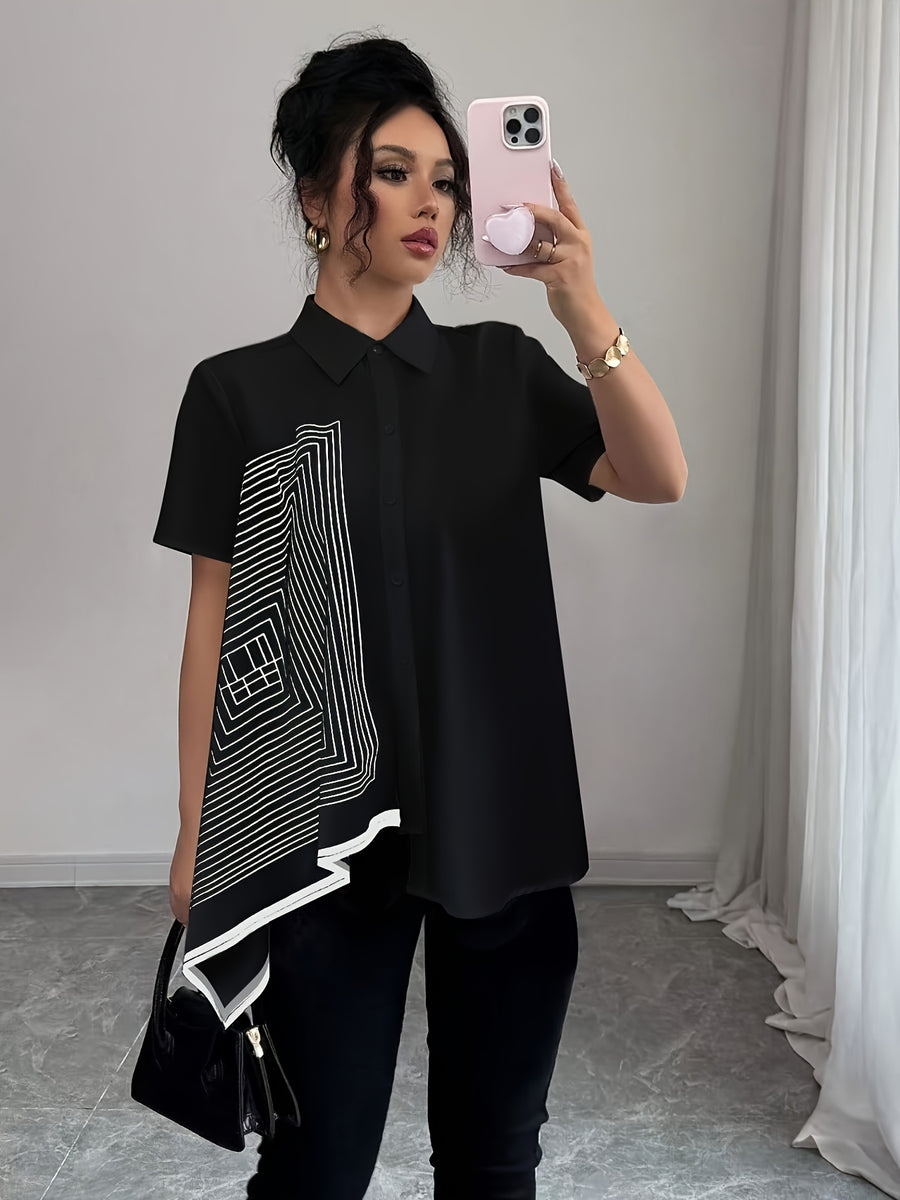 Elegant Collar Geometric Black and White Line Print Asymmetrical Hem Open Front Versatile Commuter Short Sleeve Shirt for Spring, Summer, and Fall, Suitable for Outings and Dates - Black