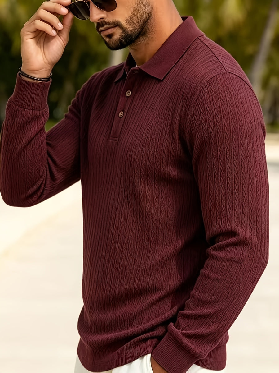 2026 New Men's Long-Sleeve Polo Shirt, Jacquard Texture Lapel Top, Casual Three-Button Knitted Business Versatile Long-Sleeve T-Shirt - Burgundy