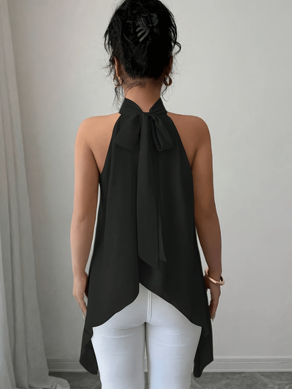 Spring-Summer Elegant Fashion Design Halter Tie-Neck Shirt - Black