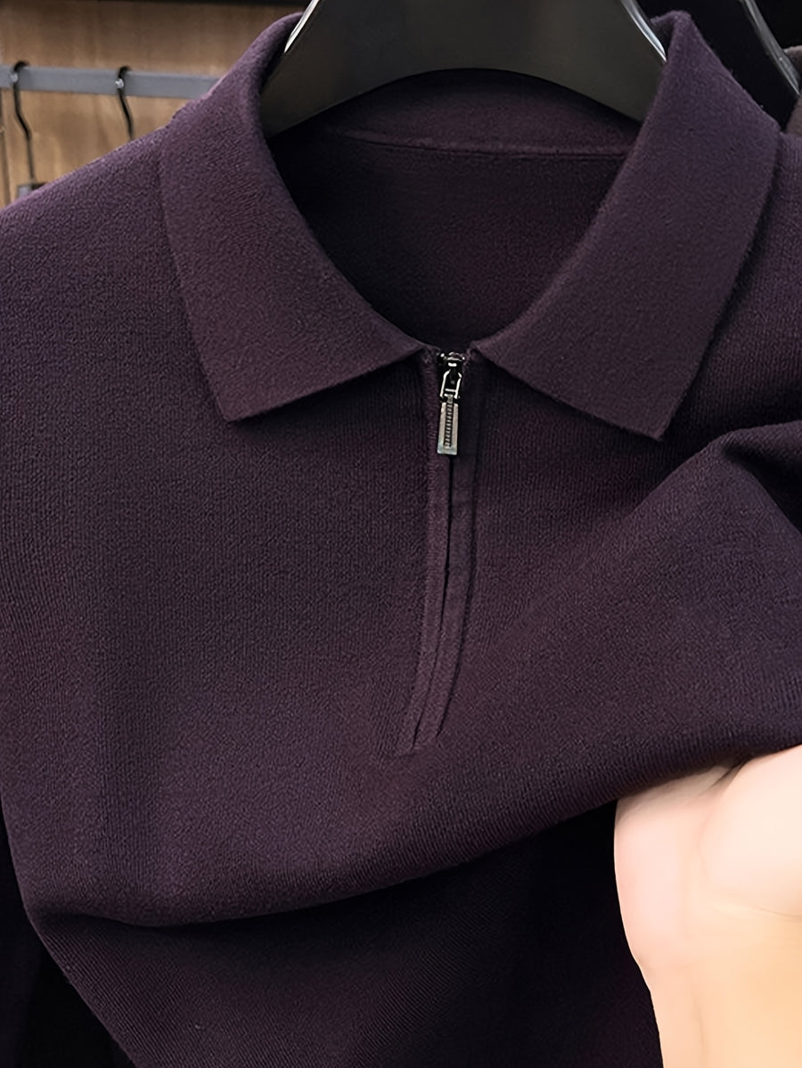 Men's Polo Collar Half-Zip Knit Sweater, Solid Color Minimalist Light Business Knit Pullover, Suitable for Spring, Autumn, and Early Winter, for Commuting and Casual Wear - SINBOS - Purple