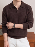 Men'S Polo Neck Knit Sweater Autumn Winter Thick Ribbed Placket Pullover Casual Solid Color Knit Top - Coffee Color