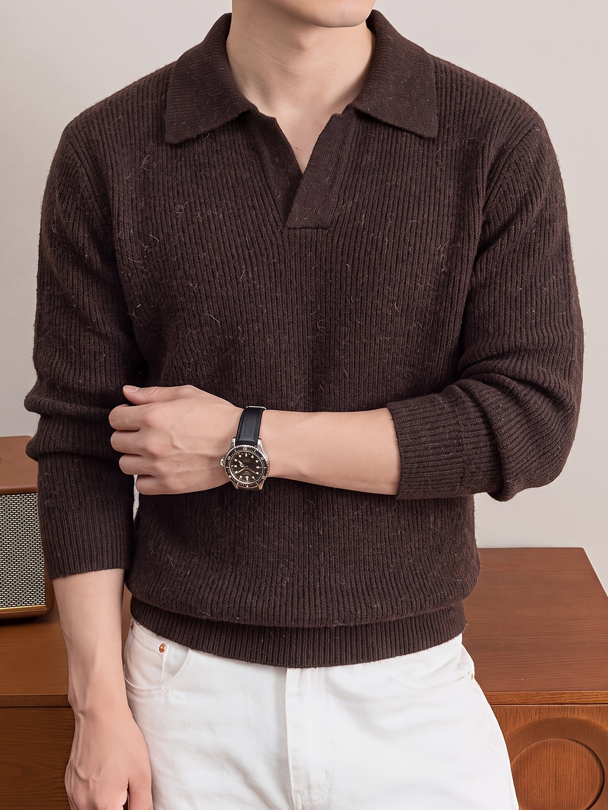 Men'S Polo Neck Knit Sweater Autumn Winter Thick Ribbed Placket Pullover Casual Solid Color Knit Top - Coffee Color