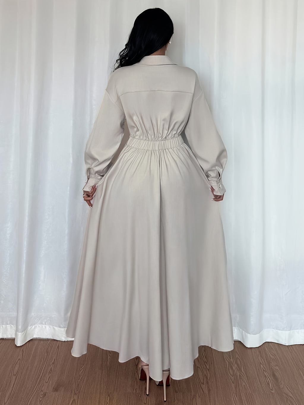 Women's Lapel Off-shoulder Long Sleeve Waist-cinched Flared Skirt, Suitable for Outings, Vacations, Holidays, and Travel. Autumn Women's Long Sleeve Elegant Dress - Apricot