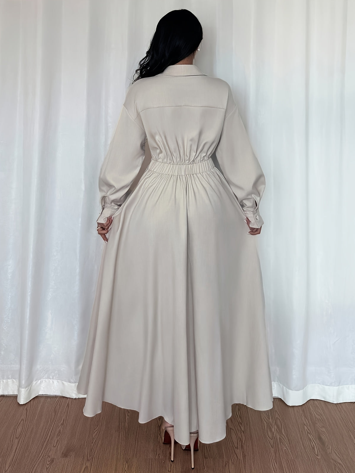 Women's Lapel Off-shoulder Long Sleeve Waist-cinched Flared Skirt, Suitable for Outings, Vacations, Holidays, and Travel. Autumn Women's Long Sleeve Elegant Dress - Apricot