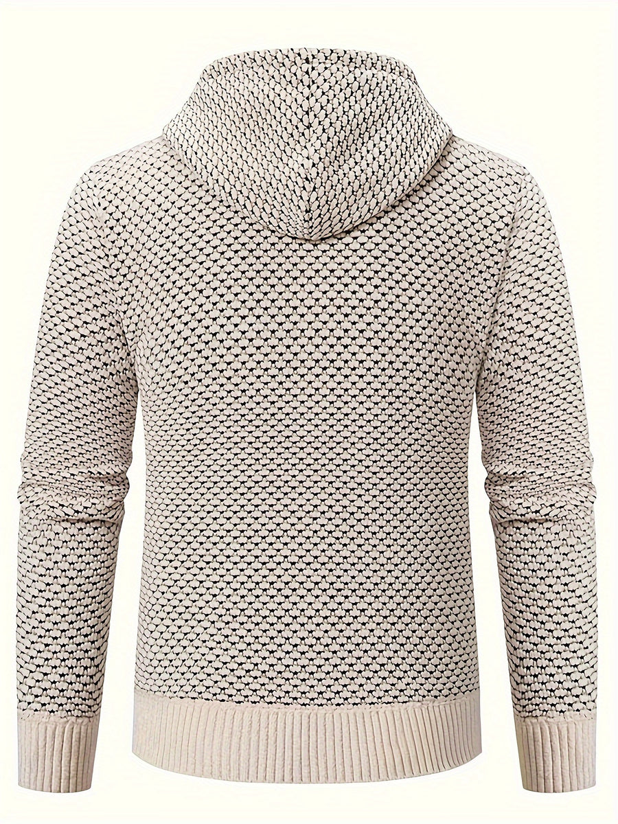 Men'S Premium Knit Cardigan Sweater, Chenille Fabric High Quality Hooded Thick Warm Sweater - Apricot