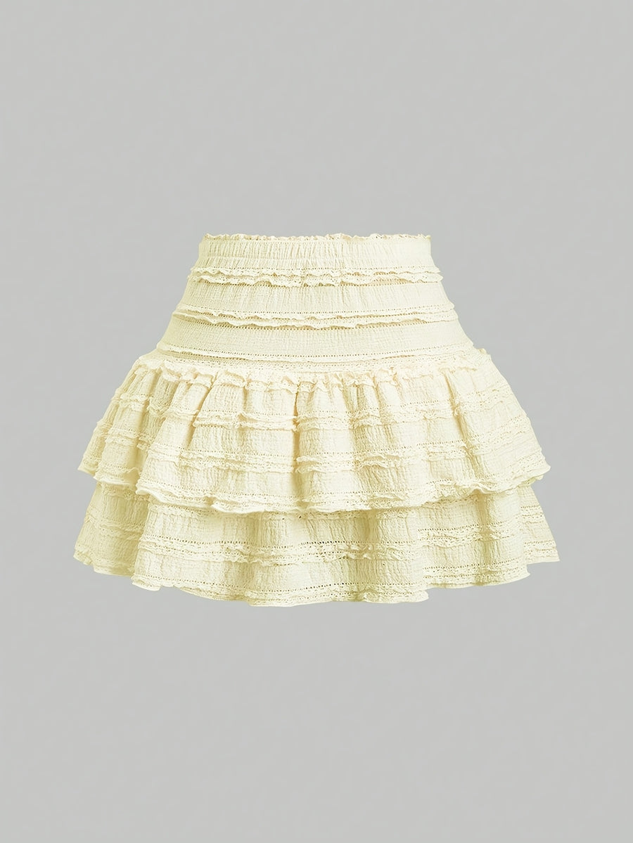 2026 New Vintage Ruffle Lace High-Waist Hip-Covering Double-Layer Flounce Mini Skirt - 【Light Yellow】