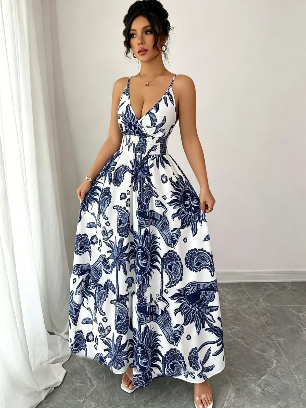 Women'S Elegant Deep V-Neck Floral Print Thin Strap Dress - Multicolor