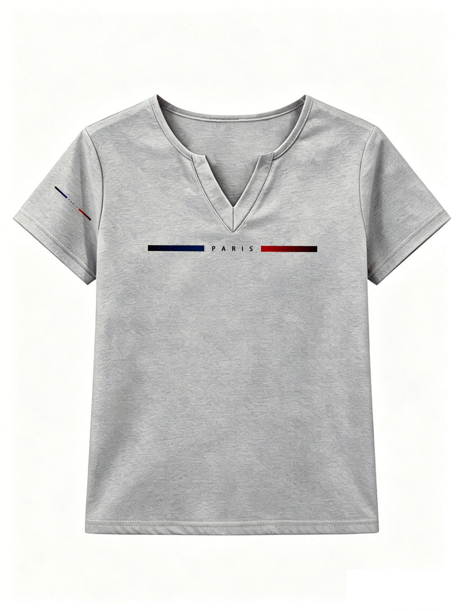 Patterned Printed Women' S V-neck T-shirt Short Sleeves Casual T-shirt Women's Clothing. - Light Grey