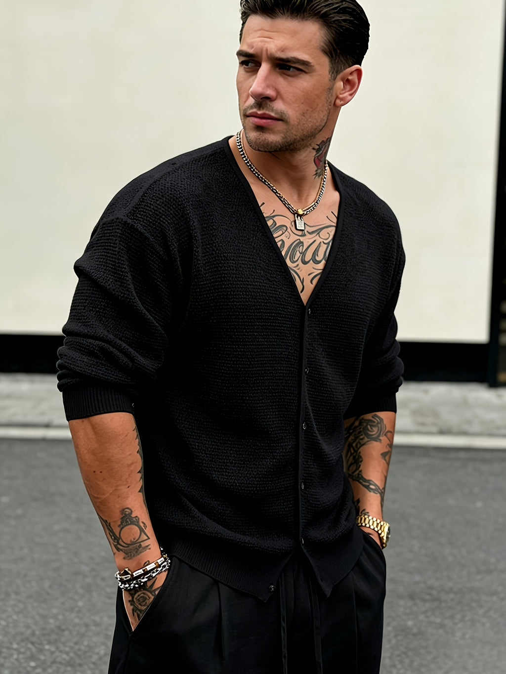 Men's Hollow-Knit V-Neck Cardigan Top, Unisex Summer Outerwear Suitable for Vacation, Fashion, Casual, and Commuting - Black