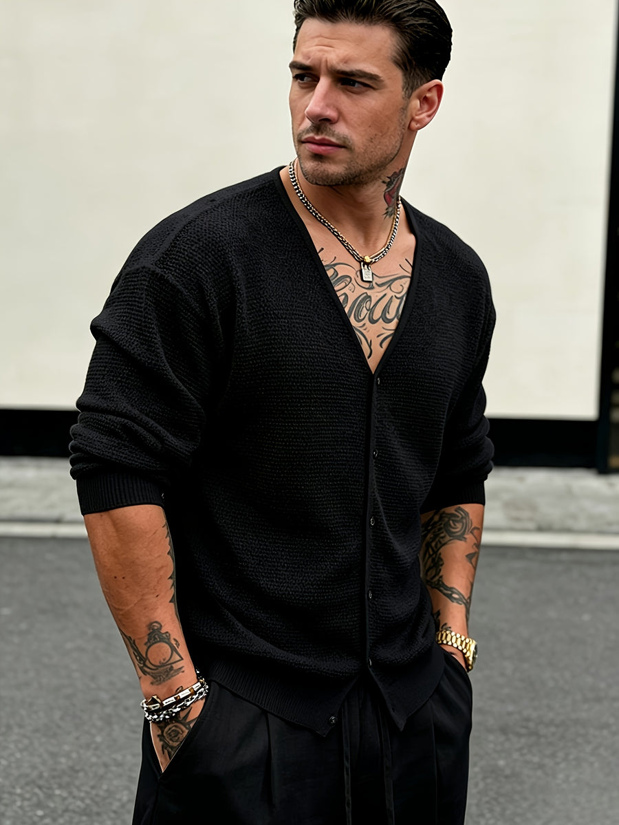 Men's Hollow-Knit V-Neck Cardigan Top, Unisex Summer Outerwear Suitable for Vacation, Fashion, Casual, and Commuting - Black