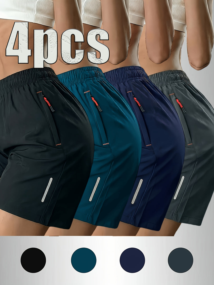 4pcs Women's Fashionable Trendy Shorts with Double-Side Zipper Pockets, Waist Drawstring, and Reflective Strips, Perfect for Summer Outfits - Black + Lake Blue + Dark Blue + Gray