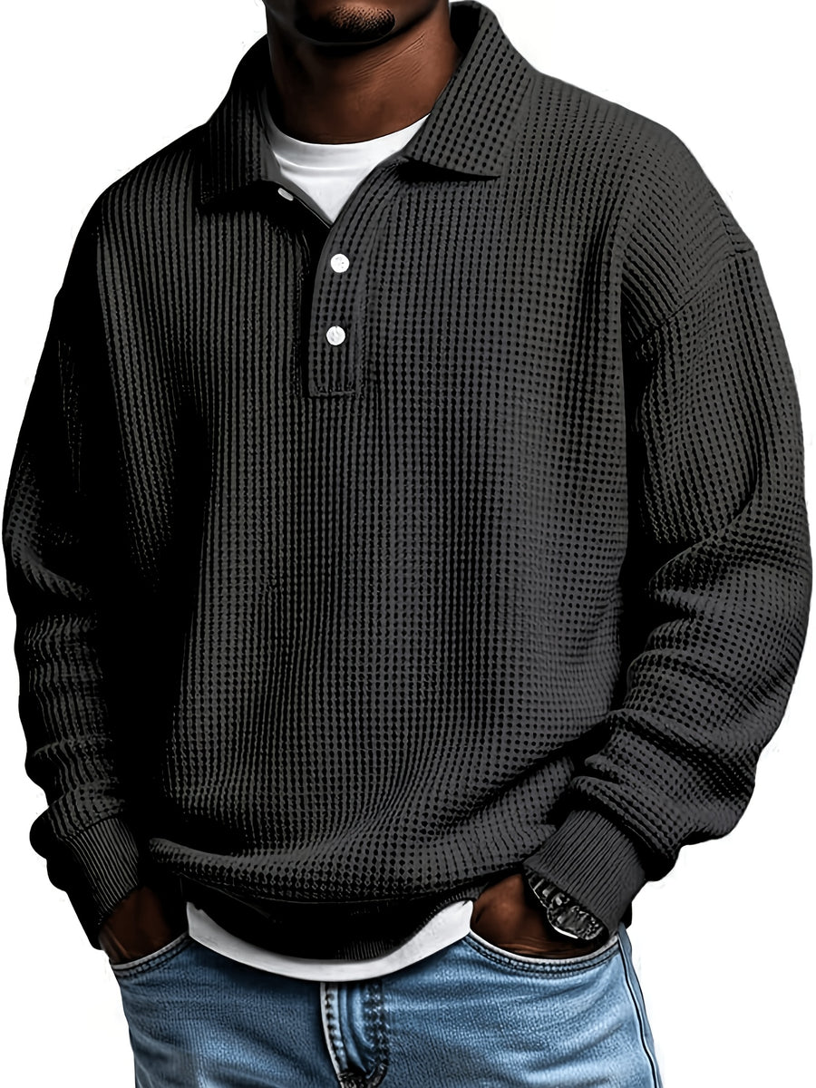 Men'S Waffle Checkered Color-Block Long Sleeve Collared Sweatshirt, Solid Color Patchwork Pullover, Traditional Casual Design with Outdoor Layering Long Sleeve, Suitable for Various Activities - Black
