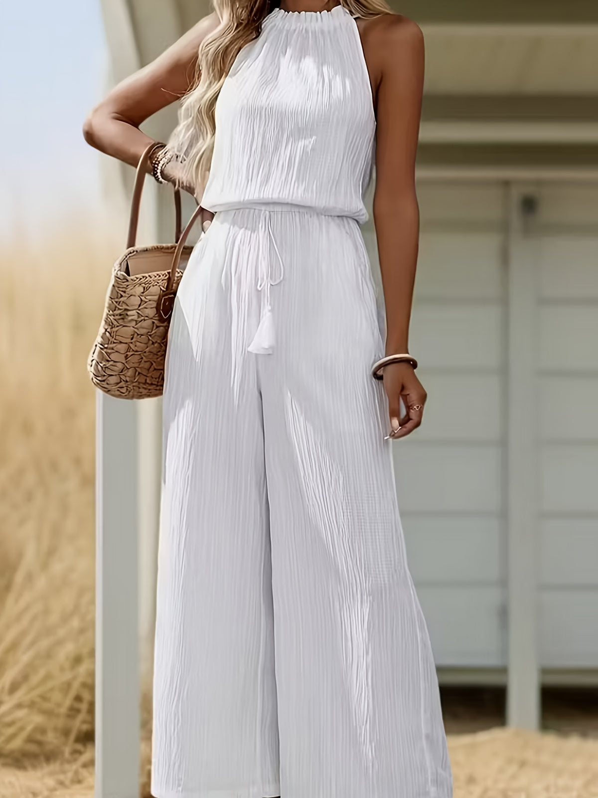 Women'S Elegant Off-Shoulder Sleeveless Wide-Leg Jumpsuit Design. All-Season Casual, Formal Occasion Wear, Machine Washable Non-Stretch Fabric (Versatile Women'S Clothing) - White