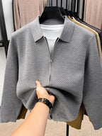Xingfan Autumn/Winter Men's Long-Sleeve Open-Front Cardigan Lapel Business Casual Solid Color Chunky Knit Full-Zip Thickened Outerwear Jacket - Grey